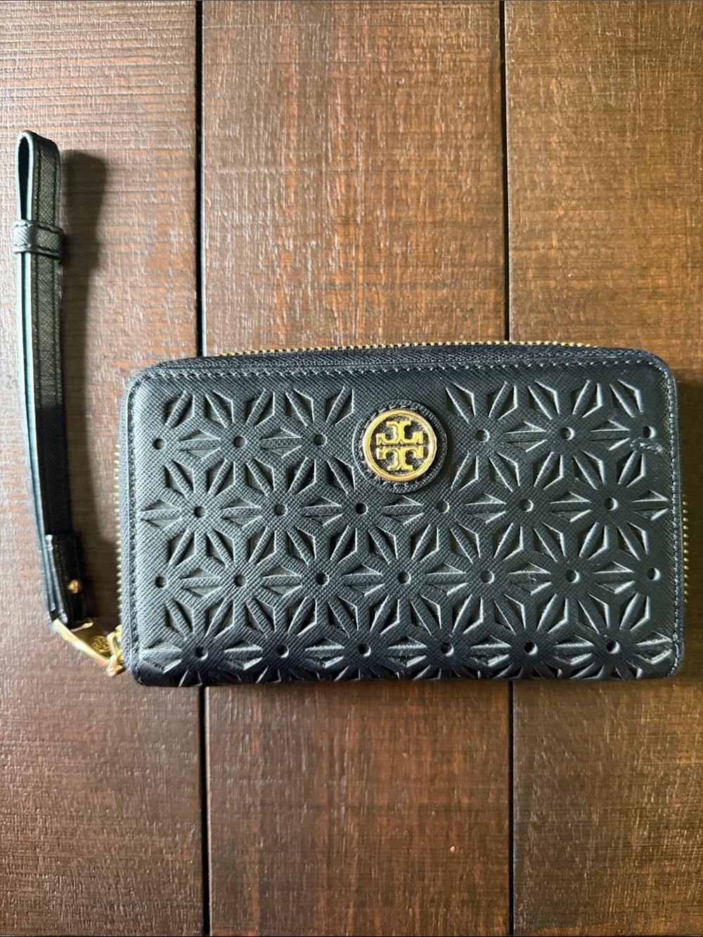 Tory Burch Black Quilted Floral Zip Wristlet with Gold Logo